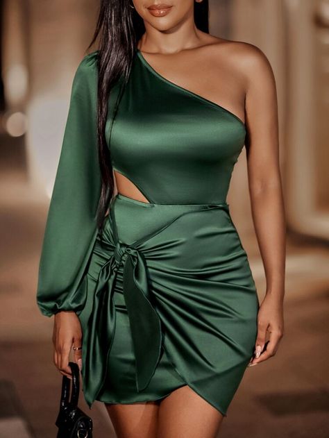 One Shoulder Cut Out Knot Front Satin Bodycon Dress | SHEIN Party Dresses For Women Night Classy, Satin Dress Outfit, Short Dresses Party, Short Satin Dress, Classy Short Dresses, Satin Bodycon Dress, Classy Gowns, Dinner Dress Classy, Elegant Dresses Classy