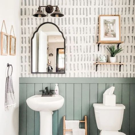 Bathroom Accent Wall Ideas, Half Bathroom Remodel, Half Bathroom Decor, Accent Wall Ideas, Bathroom Accent Wall, Bathroom Accents, Powder Room Decor, Wall Accent, Downstairs Bathroom