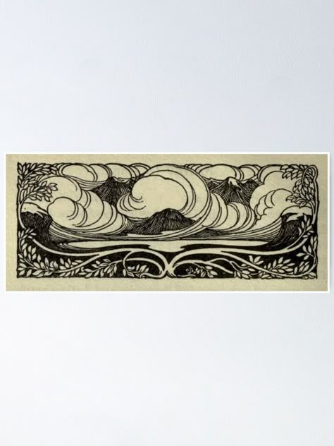 "Art Nouveau Mountains" Poster by bluespecsstudio | Redbubble Linocut Art Nouveau, Art Nouveau Mountain, Art Nouveau Linocut, Art Nouveau Clouds, Art Deco Tattoos, Art Nouveau Borders, Art Nouveau Landscape, Art Nouveau Tree, Art Nouveau Flowers Illustration