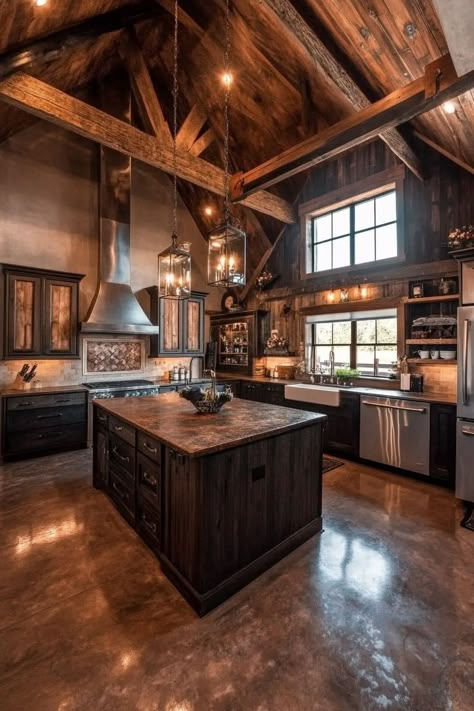 Dive into barndominium kitchen ideas that beautifully merge rustic farmhouse charm with modern sleekness. Open concept layouts provide a seamless transition between living areas, fostering connection and ease of movement. These designs prioritize simplicity and functionality, creating a kitchen that's both a practical workspace and a cozy gathering spot. Dark Western Kitchen, Western Style Houses, Dark Barndominium Interior, Western Barndominium Interior, Western Kitchen Ideas, Interior Barndominium, Barndominium Kitchen Ideas, Cowboy Kitchen, Barndominium Kitchen