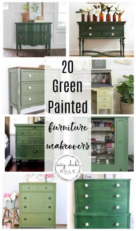 Green Diy Furniture, Refinished Green Furniture, Olive Chalk Paint Furniture, Green Repurposed Furniture, Ideas For Painting Furniture, Bedrooms With Painted Furniture, Refurbished Painted Furniture, Green Furniture Makeover, Green Painted Nightstand