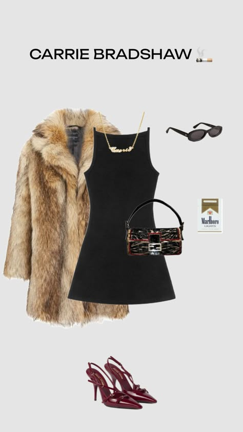 Carrie Bradshaw inspo🚬 #outfitinspo #carriebradshaw #carrie #sexinthecity #outfit #fitinspo Carrie Bradshaw Outfits Dresses, Carrie Bradshaw Party Outfit, Georgia Rule Outfits, Carrie Bradshaw Black Dress, Sexinthecity Outfits, Satc Samantha Outfits, Carrie Bradshaw Outfits Aesthetic, Satc Outfits Winter, Carrie Bradshaw Purse