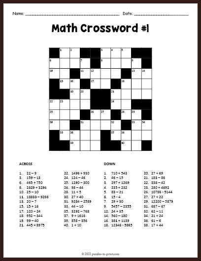 Cross Number Puzzles, Math Crossword, Math Puzzles Brain Teasers, Cross Word, Classroom Items, 5th Grade Worksheets, Free Printable Numbers, Math Practice Worksheets, Substitute Teaching