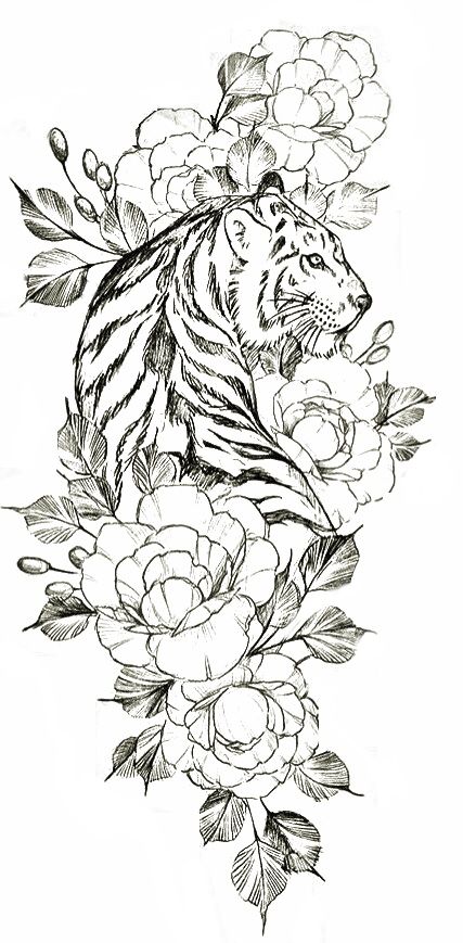 Tiger And Lotus Flower Tattoo, Tiger And Floral Tattoo, Tiger In Flowers Tattoo, Tiger And Flowers Tattoo Design, Tiger Lotus Tattoo, Tiger And Flower Tattoo, Tiger With Flowers Tattoo, Hip Tattoos, Hip Tattoos Women