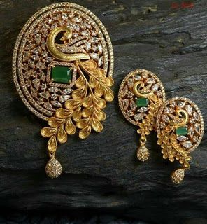 Pendant and earring set - Latest Jewellery Design for Women | Men online - Jewellery Design Hub Stone Pendent Designs Gold, Stone Pendent Designs, Pendent Designs Gold, Pendent Set Gold, Pendent Designs, Jhumkas Earrings, Peacock Jewelry, Gold Pendent, Antique Gold Jewelry Indian