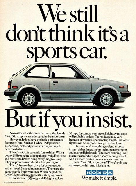 1982 Honda Civic GL | Alden Jewell | Flickr Soichiro Honda, Automobile Advertising, Honda Civic Hatchback, Car Brochure, Honda Motors, Honda Shadow, Honda Cars, Retro Ads, Magazine Ad