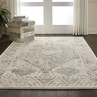 Nourison Fusion Gray 5'x7' Farmhouse Area Rug | Ashley Furniture HomeStore Distressed Persian Rug, Abstract Brush Strokes, Modern Farmhouse Living Room Decor, Grey Wood Floors, Persian Rug Designs, Rug Cream, Farmhouse Area Rugs, Fusion Design, Cozy Living Spaces