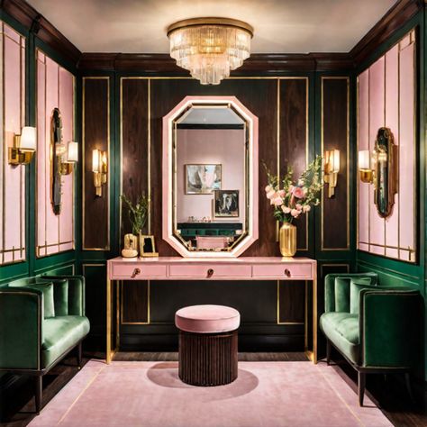 See what I created with Hotpot.ai: A dressing room with a vanity, art deco style, light pink, green, and gold tones with dark wood, gallery wall Art Deco Dressing Room, Wood Gallery Wall, Post Apocalyptic City, Color Generator, Green Vanity, Vanity Art, App Store Icon, Colorized Photos, Corporate Headshots