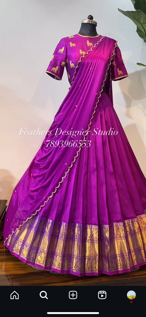 Yellow And Purple Half Saree, Pattu Lehanga Designs Latest For Women, Mangalgiri Half Saree, Ghagra Designs From Old Saree, Silk Half Saree Indian Weddings, Half Saree Ideas Indian Weddings, Sky Blue Lehenga Combination, Silver Half Saree, Simple Half Saree Designs