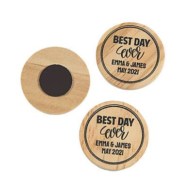 Personalized Best Day Ever Magnets | Oriental Trading Peach Wedding Colors, Wedding Favours Magnets, Wedding Magnets, Wedding Magnet, Enchanted Forest Wedding, Wooden Magnets, Brown Wedding, Personalized Wedding Favors, Wedding Souvenirs