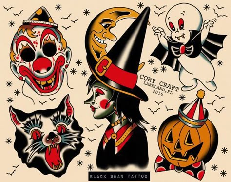 Halloween Tattoo Designs | + best ideas about Halloween Tattoo on Pinterest | Traditional tattoo ... Old School Halloween, Halloween Tattoo Flash, Tattoo Halloween, Pumpkin Tattoo, Craft Halloween, Etsy Halloween, Clown Tattoo, School Halloween, Halloween Characters