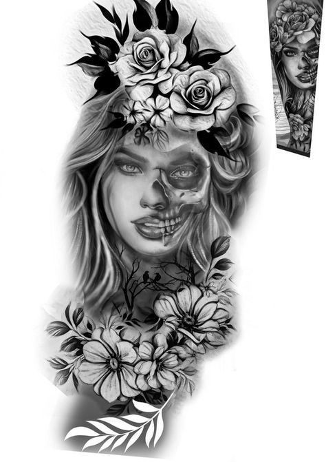 Half Woman Half Skull Tattoo Beautiful, Half Face Half Skull Tattoo, Half Skull Half Flower Tattoo, Dragon Sleeve Tattoo Women, Sleeve Tattoos For Women Stencil, Half Woman Half Skull Tattoo, Sleeve Stencils Tattoo Designs, Realism Tattoo Sleeve Women, Pretty Skull Tattoos