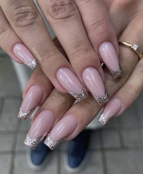 Nail Designs Shiny, Glittery French Nails, Silver And Pink Nails, Sparkly French Tip Nails, Teal Acrylic Nails, Sparkly Nail Designs, Glitter French Nails, Shiny Nails Designs, Pink French Nails