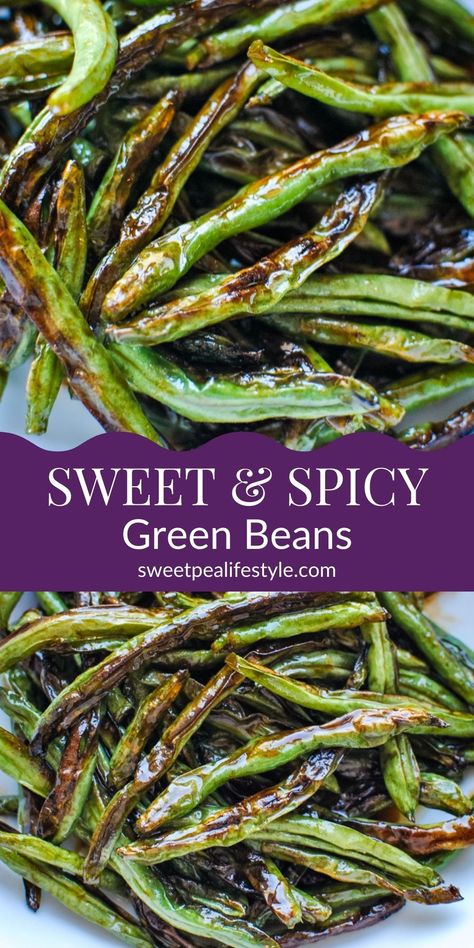 Sweet and Spicy Green Beans are a deliciously easy side dish recipe idea that uses fresh green beans, honey, sriracha, and Bachan's Japanese BBQ sauce you will LOVE! Sweet Spicy Green Beans, Sticky Green Beans, Firecracker Green Beans Recipe, Hot Honey Green Beans, Pf Changs Green Beans Copycat Recipes, Japanese Green Beans, Bush Beans Recipes, Honey Green Beans, Spicy Green Beans Recipe