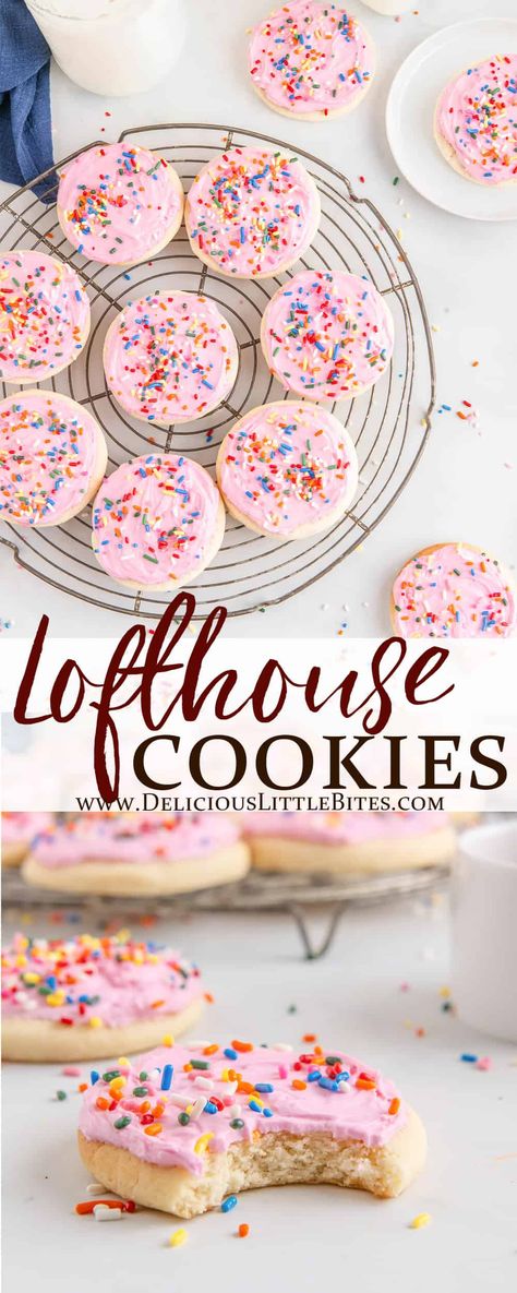 Lofthouse Cookies are soft, fluffy, sweet, melt in your mouth sugar cookies. They are frosted with a creamy, smooth, rich and sweet, buttercream frosting and finished off with sprinkles for that signature Lofthouse cookie look. | #lofthousecookies #sugarcookies #copycatrecipe #cookies #baking Loft House Cookies, Lofthouse Sugar Cookies Recipe, Sweet Buttercream Frosting, Cooking Therapy, Cookie Frosting Recipe, Lofthouse Sugar Cookies, Lofthouse Cookies, House Cookies, Christmas Baking Cookies