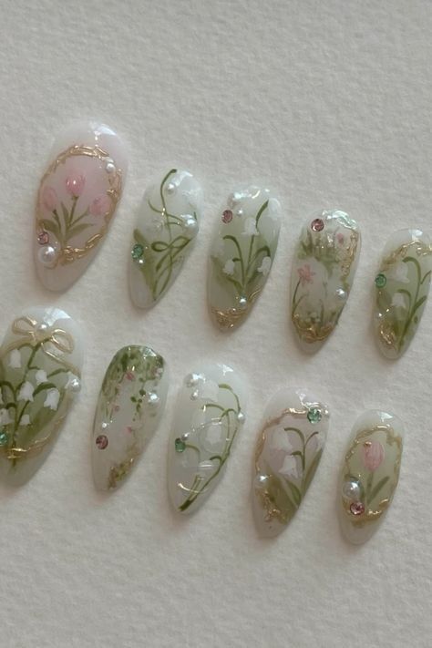 Lily Of The Valley Nails, Cottagecore Nails, Fairy Lily, Flowers Coquette, Fake Nails Designs, Blush Nails, Pretty Gel Nails, Really Cute Nails, Jelly Nails