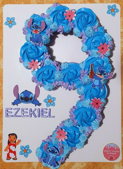 number cupcake, pull apart style, Lilo and stitch theme Lilo And Stitch Birthday Outfit Ideas, Diy Stitch Cake Ideas, Stitch Cupcake Cake Ideas, Lilo Birthday Party Ideas, Lilo And Stitch Pool Party Ideas, Stitch Cupcakes Ideas Birthday, Stitch Cake And Cupcakes, Stitch Theme Sleepover, Lilo Stitch Cupcakes