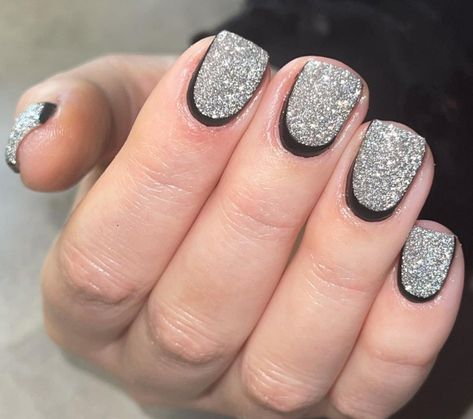 Short Black Silver Nails, Black And Grey Short Nails, Black And Silver Short Nails Ideas, Black And Silver Short Nails, Reverse French Tip Nails, Black And Silver Nails Short, Reverse French Manicure Half Moons, Reverse French Tip, Unique French Manicure