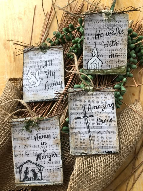 Set of 4 Hymnal Ornaments. I'll Fly Away, Amazing Grace, In the Garden & Away In a Manger. Celebrate your faith with these beautiful inspirational Hymn Ornaments. These handmade wooden ornaments can be displayed on your tree or year-round on your tiered tray. They can also be used as gift tags. They measure 2.5"-3.5" These are the most loved classic hymns sang in Christian Churches across the world. This makes a thoughtful gift for friends and loved ones. Hymnal Page Ornaments, Old Hymnal Crafts Diy, Vintage Wooden Ornaments, Christmas Ornaments Homemade Wood, Hymnal Ornaments, Old Hymnal Crafts, Hymnal Page Crafts, Advent Projects, Hymnal Art