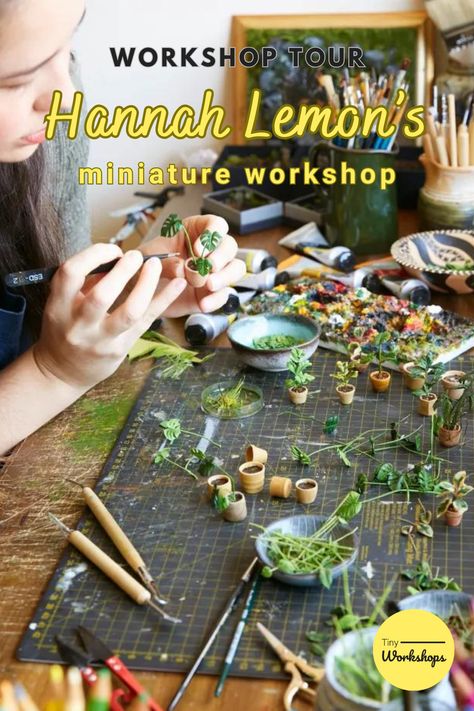 Hannah Lemon's miniature workshop. Make Dollhouse Miniatures, Miniature Decor Diy, Handmade Miniatures Ideas, How To Make Miniatures, Dollhouse Miniatures Diy 1:12, Miniature Diy Tutorials, Miniature Plants Diy, Lemon Miniatures, Making Miniatures Diy