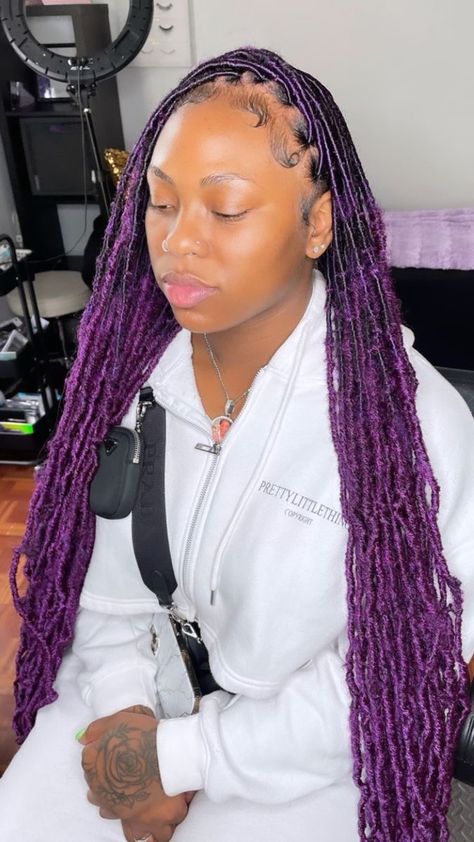 Purple Faux Locs, Pink Twists, Twists Braids, Pink Purple Hair, Faux Locs Hairstyles, Dyed Natural Hair, Pretty Braided Hairstyles, Hair Affair, Slick Hairstyles