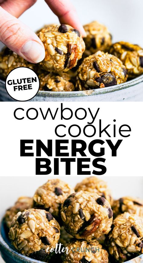 These No Bake Cowboy Cookie Energy Bites are the perfect gluten free breakfast or snack. Made with better-for-you ingredients, they’re everything you love about a freshly baked cowboy cookie in the convenience of no bake energy bites! Vegan option. Healthy Cookie Bites, Energy Bites Gluten Free, No Bake Energy Bites Healthy, Gluten Free Energy Bars Recipes, Vegan Gluten Free Protein Balls, Energy Cookies Healthy, Monster Cookie Energy Bites, Low Calorie Energy Bites, Gluten Free Cowboy Cookies