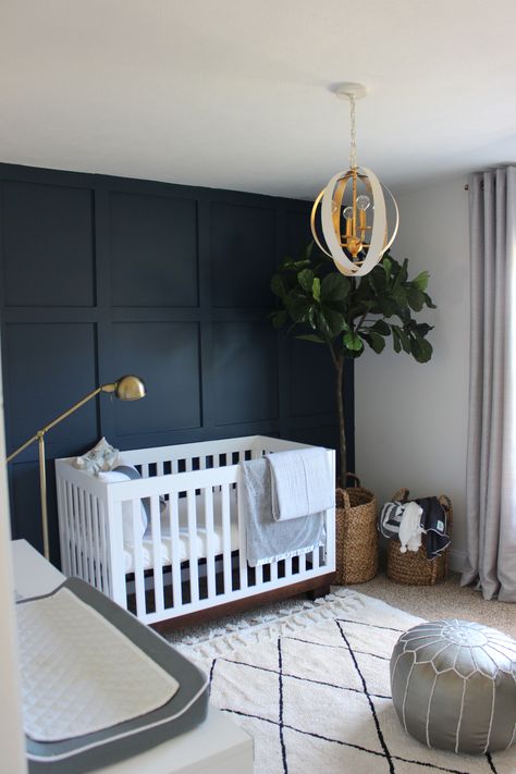 @AshleyCooperDesign #ACDhomeproject | Nursery Reveal https://www.stylemepretty.com/vault/image/6725733 #babyboy #nursery #smpliving Slate Gray Accent Wall, Dark Navy Nursery, Nursery Black Accent Wall, Dark Blue Nursery, Baby Room Boy, Navy Nursery, Nursery Reveal, Girl Nursery Room, Baby Boy Room Nursery