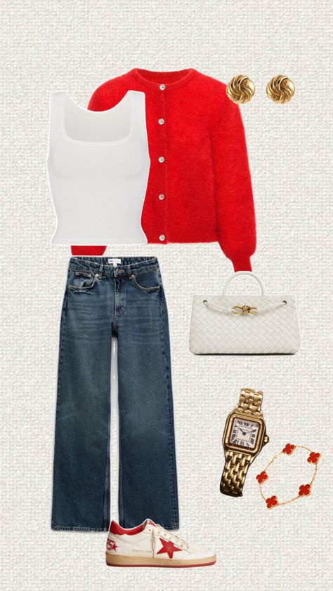 Red outfit inspo , fall fashion, outfit inspiration , red golden goose outfit, red cardigain , fall 2024 outfit , fitspo , fall red outfit Red Golden Goose, Golden Goose Outfit, Auburn Red, Outfit Red, Red Outfit, Outfit Inspo Fall, Effortless Chic, Golden Goose, Fall 2024