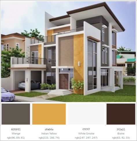 This awesome House Exterior has 4 colors combination with Wenge, Indian Yellow, White Smoke and Bistre. Best Colour Combinations For Exterior Walls, Indian House Elevation Colors, Colour Palette For Exterior Of House, Front Elevation Color Combination, White Home Exterior Colors, Best House Colors Exterior Indian, House Elevation Paint Colours, Color Scheme For Exterior Of House, Paint Combinations Exterior