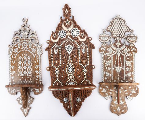 Group of three Syrian mother of pearl inlaid wooden wall shelves. The intricately carved wood of Syrian Home Decor, Islamic Furniture, Carlo Bugatti, Egyptian Inspired, Wooden Wall Shelves, Indian Sculpture, Islamic Design, Old Master, Salvador Dali