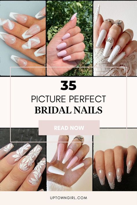 35 picture perfect bridal nails Wedding Nails For Bride Vintage, 2023 Bridal Nail Trends, Almond Shape Wedding Nails For Bride, Bachelorette Party Nails The Bride Acrylic, Nails 2023 Trends For Wedding, Elegant Bride Nails Classy, Classy Nails Wedding, Wedding Day Bride Nails, Wedding Nail Ideas For The Bride Acrylic