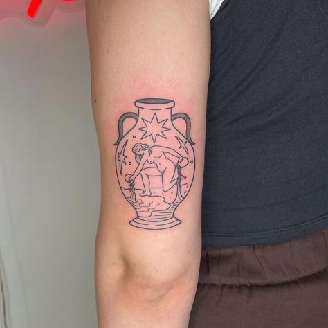 Star Tarot Tattoo, The Star Tarot Tattoo, Gaia Tattoo, Tarot Tattoos, Vase Tattoo, Tarot Tattoo, Aquarius Tattoo, Water Bearer, Stick And Poke