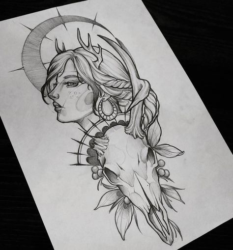 Artemis Tattoo, Traditional Woman, Goddess Tattoo, 4 Tattoo, Religious Tattoos, Tattoos Skull, Greek Tattoos, Tattoo Black, Tattoo Sketch