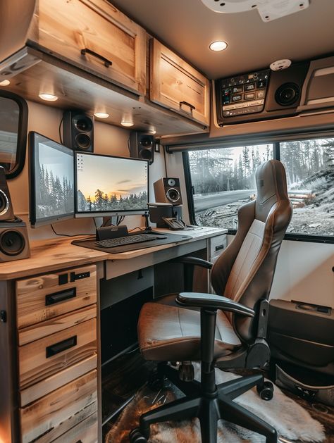 47 Remote Working RV Setup Inspo – TastyInteriors Airstream Office Ideas, Mobile Desk Setup, Van Interior Ideas, Van Layouts, Rv Office, Van Office, Small Camper Interior, Campervan Design, Van Organization