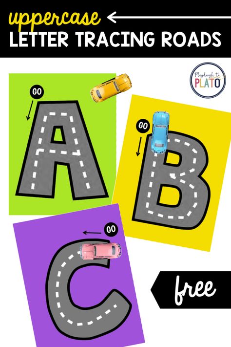 Uppercase Letter Tracing Roads - Playdough To Plato A Letter Tracing, Letter Roads Free Printable, Transportation Literacy Activities, Letter Tracing Printables Free, Uppercase Letter Tracing, Letter Centers, Classroom Libraries, Abc Centers, Handwriting Worksheets For Kids