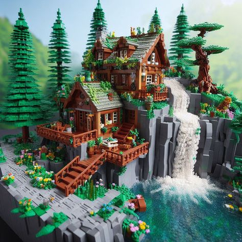 Lego Worlds Game Builds, Cool Structures, Cool Lego Houses, Crazy Lego Builds, Lego Fortnite Village, Lego Fortnite Village Ideas, Lego Village Ideas, Lego Fortnite House, Custom Lego Builds