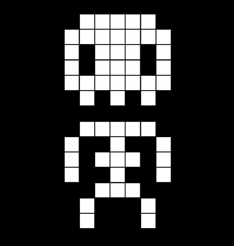 A pixel art template of a skeleton in an easy, stick man shape. Emo Pixel Art, Skeleton Pixel Art, Pixel Art Skull, Skull Pixel Art, Pixel Art Halloween, Halloween Pixel Art, Pixel Beads, Easy Pixel Art, Pixel Art Templates