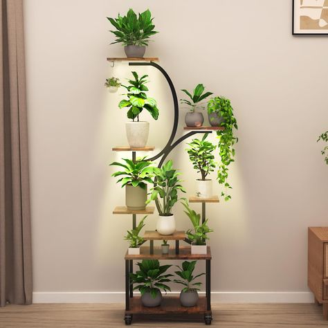 Indoor Plants Shelf, Plant Corner With Grow Lights, Plant Stand Indoor Living Rooms, Shelves With Plants, Plant Shelf Ideas With Grow Light, Wall Mounted Plants, Plant Stand Ideas Indoor, Plant Shelves Indoor, Indoor Plant Stand