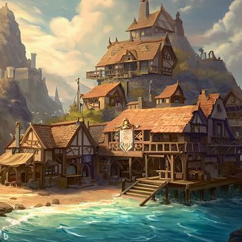 A fantasy town by the sea with taverns and a rest stop. - Създател на изображения от Microsoft Bing Town By The Sea, Medieval Germany, Vila Medieval, Forest Village, Farm Town, Background Reference, Fantasy Village, Rest Stop, Medieval Aesthetic