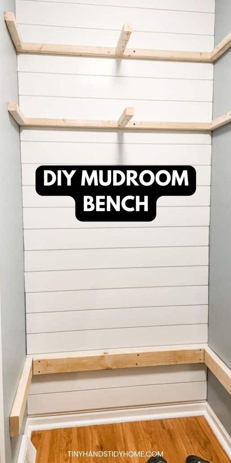 Wood Supports for bench and shelving in front of shiplap mudroom wall. The text over the image reads, "DIY mudroom bench". Closet Bench, Small Closet Storage, Small Mudroom, Small Mudroom Ideas, Mudroom Remodel, Diy Entryway Bench, Mudroom Closet, Shoe Bench Entryway, Mudroom Makeover