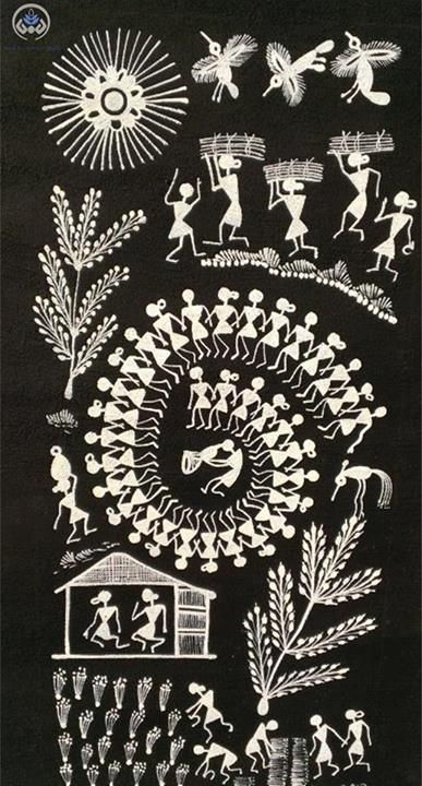 Warli paintings | #DidYouKnow:  The Warli Tribe, renowned for the famous Warli Paintings, can be found in South #Gujarat. These traditional, simplistic white paintings on mud walls draw upon nature and folk life, and include motifs of people, animals, trees and hills in its composition. Warli Tree Painting, Warli Motifs, Warli Paintings, Worli Painting, Warli Painting, White Paintings, Painting Famous, Indian Traditional Paintings, Warli Art