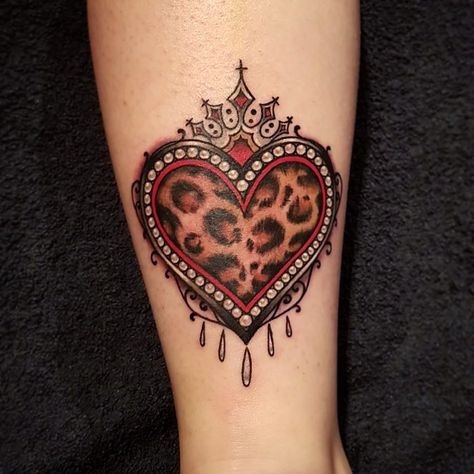 Leopard Heart Tattoo | Tattoo Ideas and Inspiration Leopard Print Tattoo Design, Leopard Print Flower Tattoo, Leopard Print Heart Tattoo, Heart Jaguar Tattoo, Leopard Print Tattoo For Women, Leopard Print Tattoo Sleeve, Cute Heart Tattoos, Ankle Tats, Cheetah Print Tattoo