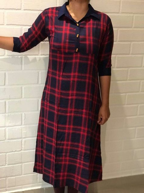 Checked Kurti Designs Indian, Chex Kurti Design Pattern, Check Kurti Designs Latest Indian, Check Kurti Designs Latest, Checks Kurti Designs, Cheks Design, Cute Cheap Dresses, Style Outfits Summer, Latest Kurta Designs