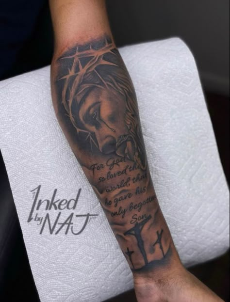 Men’s Forearm Tattoos Sleeve, I’m God We Trust Tattoo, Cool Tattoos For Guys Unique Arm, Forearm Tattoo Quotes Men Half Sleeves, Top Of Forearm Tattoo Men, Fill In Tattoo Ideas Sleeve Men, Tattoo Ideas For Men God, Inside Forearm Tattoos, Bible Verse Tattoos For Men Arm