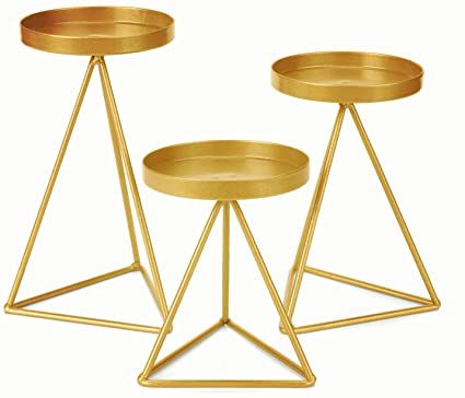 Amazon.com: LACGO Set of 3 Geometric Metal Candle Holder for Pillar Candle, 3.5" Diameter Candelabra Iron Candle Plate for Home Table Centerpiece Decor(Gold, 6.5''/5.5''/4.5'') : Home & Kitchen Metal Candle Stand, Terrazzo Bathroom, Geometric Candle Holder, Relaxing Decor, Table Centerpieces For Home, Geometric Candles, Candle Stands, Candle Pedestal, Metal Candle Holder