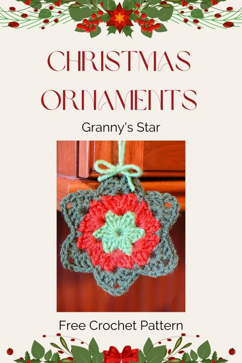 This free crochet pattern for a Granny Star Ornament is perfect for Christmas tree decorations. Follow the easy step-by-step instructions #freecrochetpattern #crochetpattern #crochet Free Crochet Patterns For Christmas Tree Ornaments, Granny Star Crochet Pattern Free, Crochet Granny Stars Pattern Free, Crochet Granny Star Pattern, Crochet Christmas Ornaments Free Pattern Granny Squares, Crocheted Christmas Tree Ornaments Free Patterns, Granny Christmas Tree Crochet Pattern, Granny Square Ornament Pattern, Crochet Granny Square Christmas Tree Free Pattern