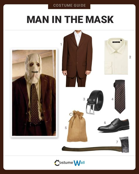 Terrorize holiday-makers when you dress as The Man in the Mask from the creepy thriller movie The Strangers. Men Custome Halloween, The Strangers Halloween Costume, The Strangers Man In The Mask, The Strangers Costume, Horror Movie Characters Costumes, Halloween Movie Costumes, Man Costume Ideas, Movie Costumes Men, Halloween Costumes Horror