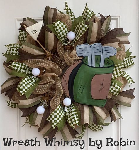 Burlap Mesh Golf Themed Year Round Sports Wreath With Brown Golf Themed Wreaths, Golf Inspired Decor, Golf Wreath, Golf Crafts, Sports Wreath, Golf Clubhouse, Ribbon Streamers, Golf Ball Crafts, Golf Birthday Party