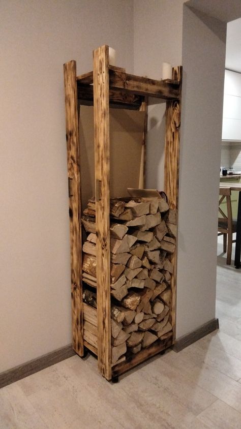 Store Firewood Inside, Diy Wood Holder Indoor, Firewood Shelf Indoor, Indoor Wood Storage Ideas Firewood Rack, Diy Indoor Wood Stove, Storage For Firewood Inside, Wood Stacking Ideas Indoor, Wood Storage Indoor Firewood Rack, Diy Firewood Storage Indoor