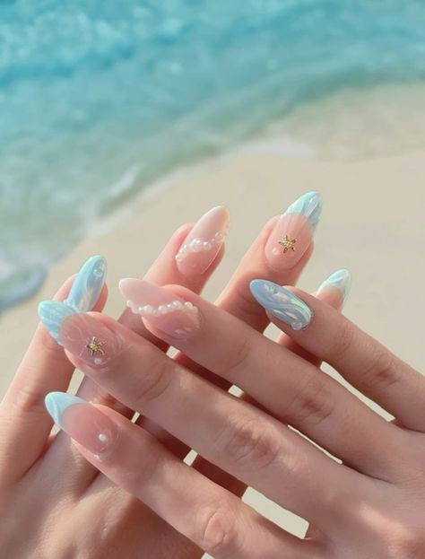 Beachy nails, ocean nails, nail ideas, nail inspiration, nails inspo, flower nails, short nails, long nails, plain nails, bright nails, white nails, holiday nails, vacation nail inspo, Summer nails, summer nail inspo, arsthetic nails, girly things, pink nails, girly nails, girly things, design, colourful, summer vibes, 2025 nails Blue nails Maldives Nails Ideas, Nail Art Beach Vacation, Ocean Vacation Nails, All Year Round Nails, Cute Beachy Nail Designs, Beach Nail Inspo Almond, Turquoise Nails Summer, Shell Inspired Nails, Nail Inspo Beach Vacation